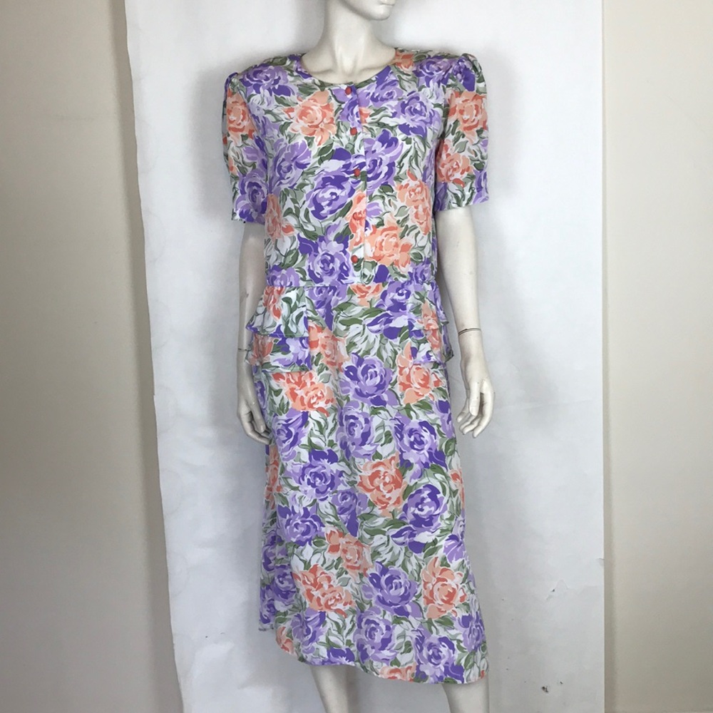 Vintage 80s purple orange floral pastel dress L